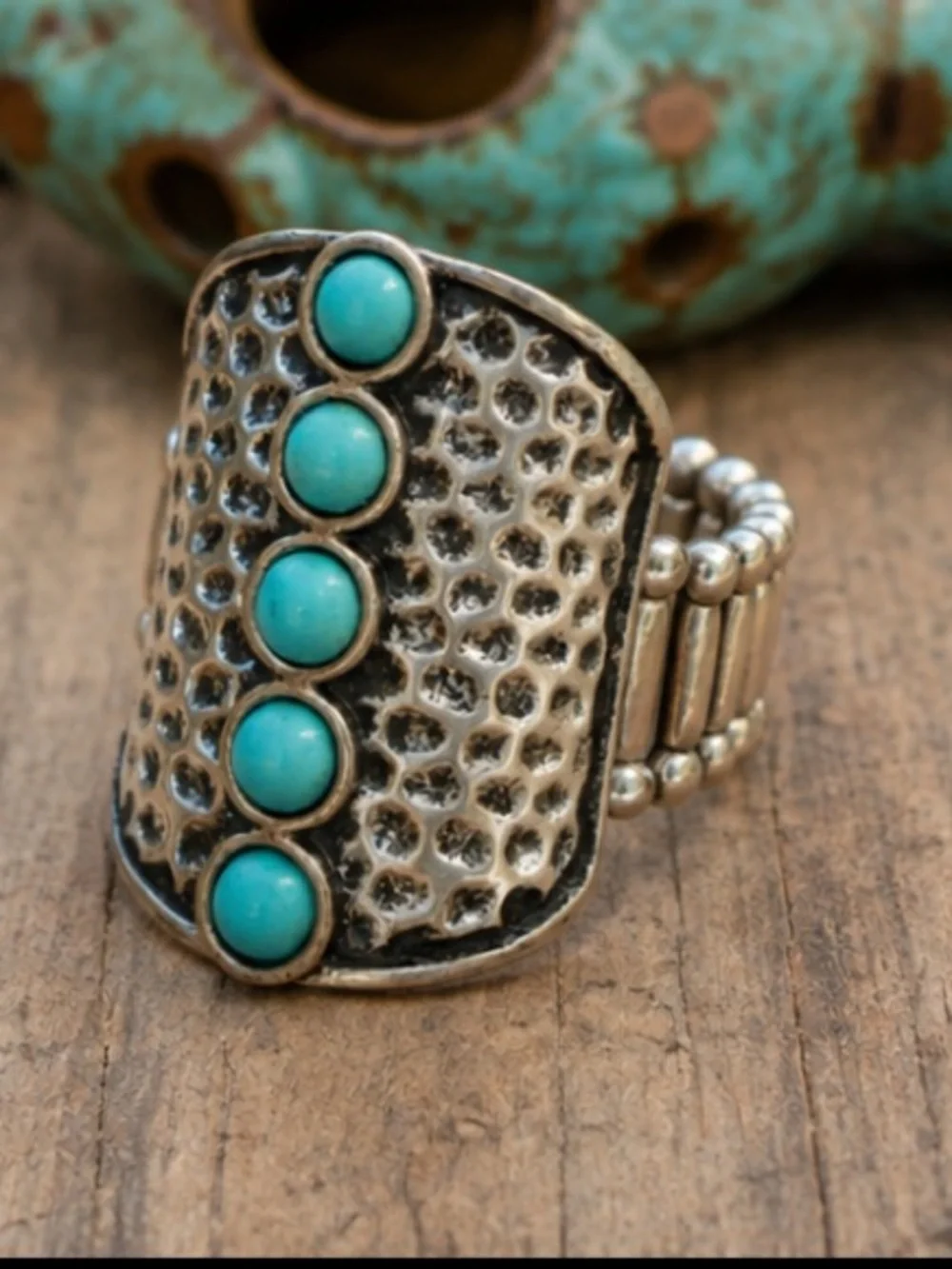 Turquoise Color Stretch Ring Silver Tone Western Boho Southwestern Statement 7